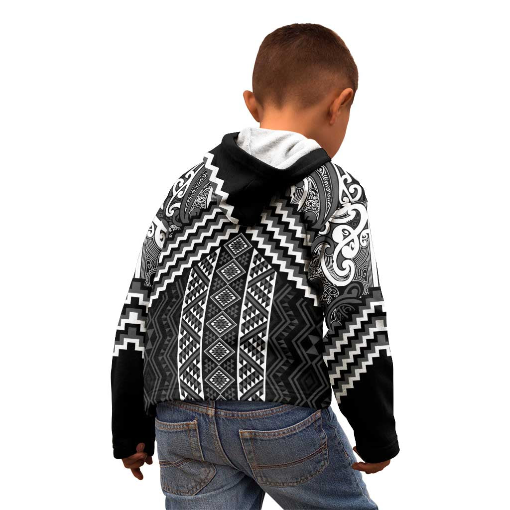 Maori Tukutuku Taniko Motifs Kid Hoodie Black Poutama Mix Kowhaiwhai LT7 - Polynesian Pride