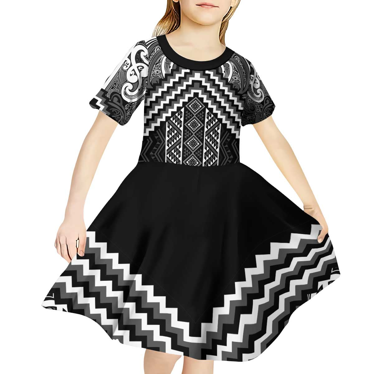 Maori Tukutuku Taniko Motifs Kid Short Sleeve Dress Black Poutama Mix Kowhaiwhai LT7 - Polynesian Pride
