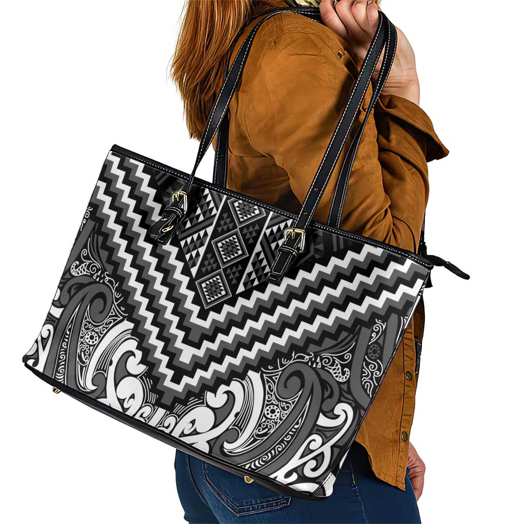 Maori Tukutuku Taniko Motifs Leather Tote Bag Black Poutama Mix Kowhaiwhai LT7 - Polynesian Pride