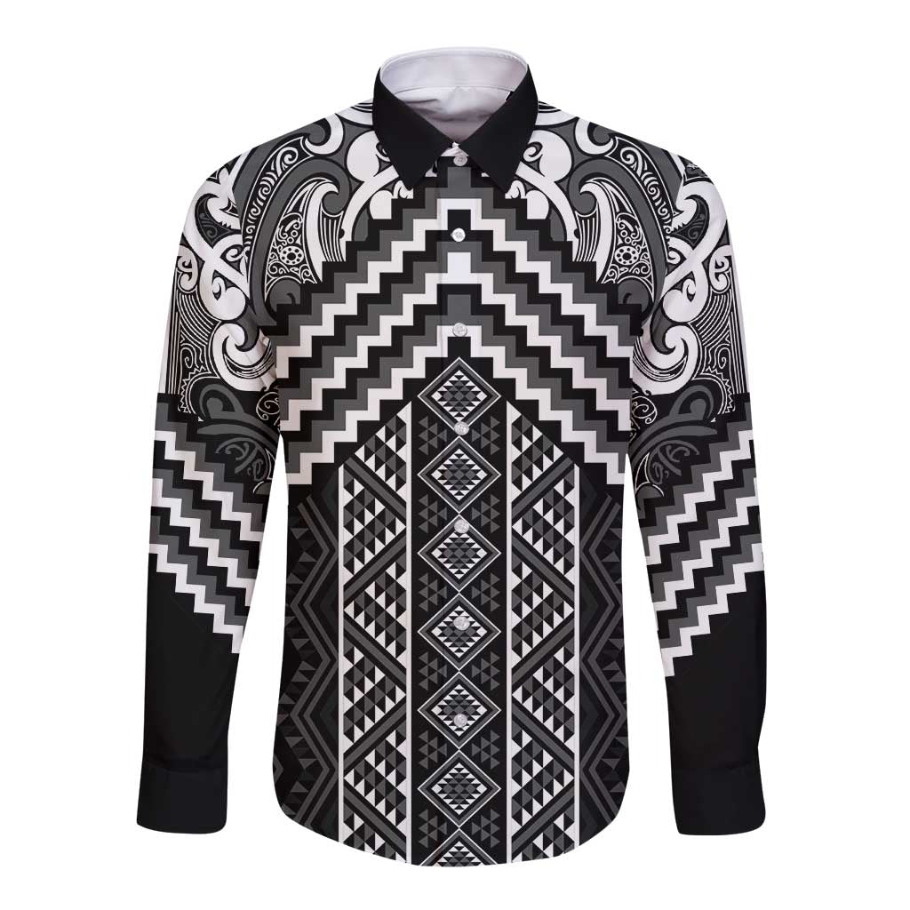 Maori Tukutuku Taniko Motifs Long Sleeve Button Shirt Black Poutama Mix Kowhaiwhai LT7 Unisex Black - Polynesian Pride