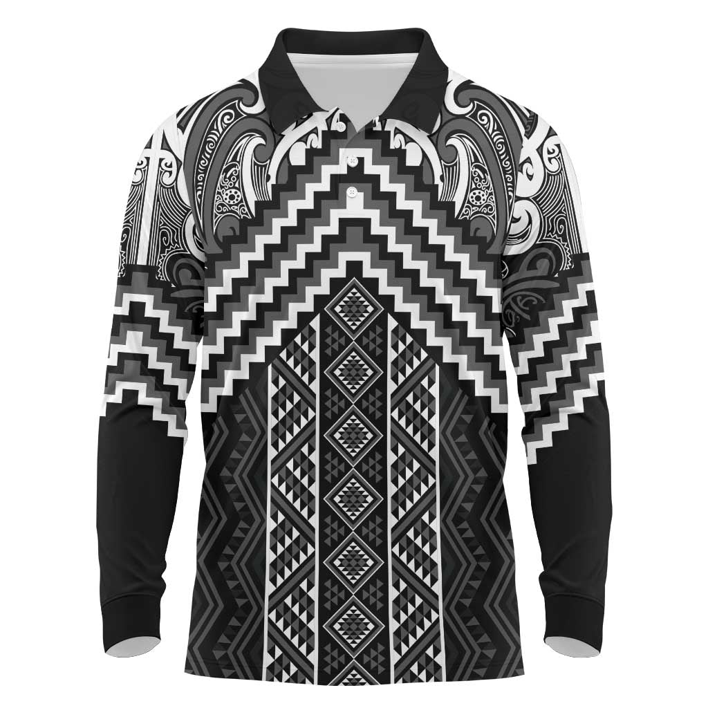 Maori Tukutuku Taniko Motifs Long Sleeve Polo Shirt Black Poutama Mix Kowhaiwhai LT7 Black - Polynesian Pride