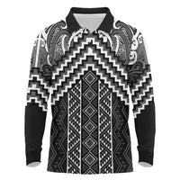 Maori Tukutuku Taniko Motifs Long Sleeve Polo Shirt Black Poutama Mix Kowhaiwhai LT7 Black - Polynesian Pride