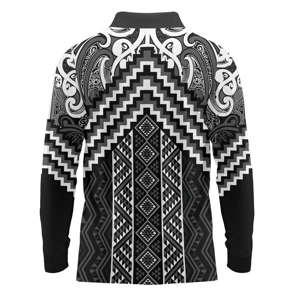 Maori Tukutuku Taniko Motifs Long Sleeve Polo Shirt Black Poutama Mix Kowhaiwhai LT7 - Polynesian Pride