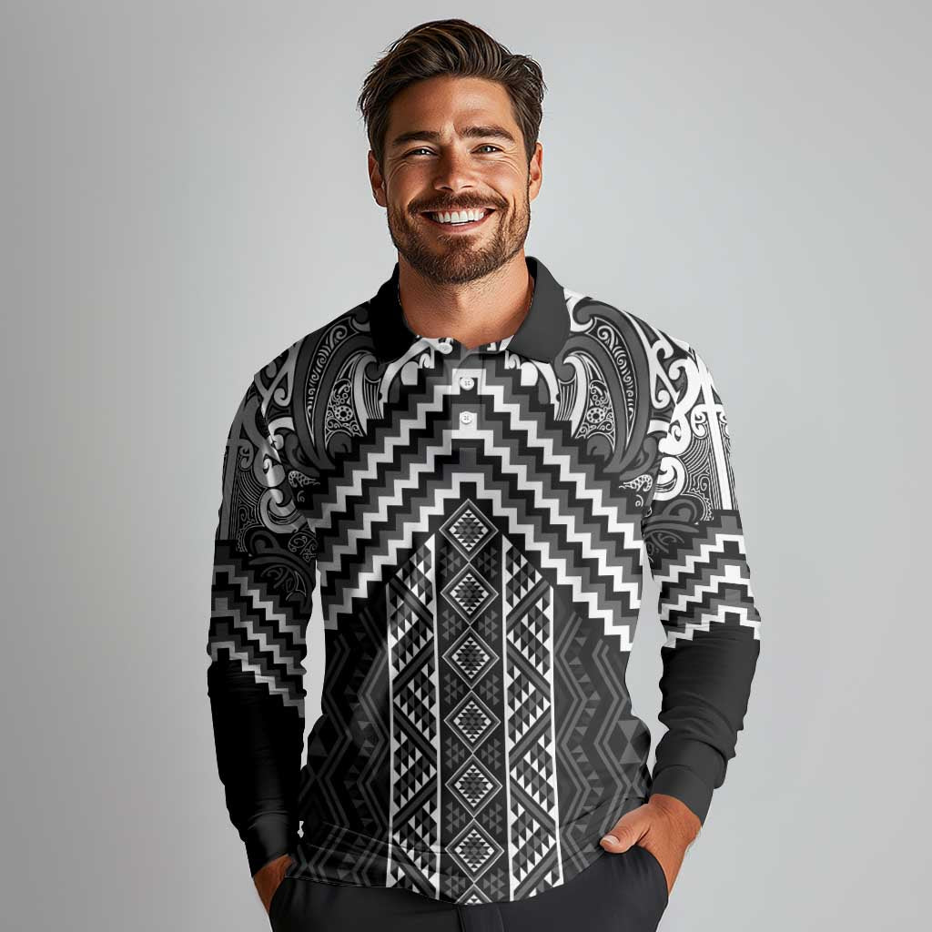 Maori Tukutuku Taniko Motifs Long Sleeve Polo Shirt Black Poutama Mix Kowhaiwhai LT7 - Polynesian Pride