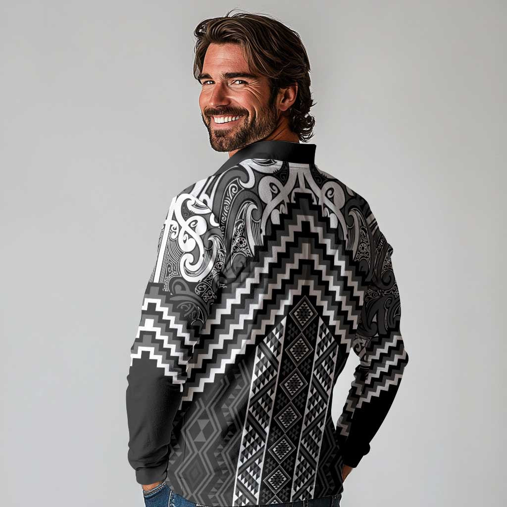 Maori Tukutuku Taniko Motifs Long Sleeve Polo Shirt Black Poutama Mix Kowhaiwhai LT7 - Polynesian Pride