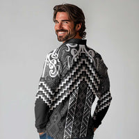Maori Tukutuku Taniko Motifs Long Sleeve Polo Shirt Black Poutama Mix Kowhaiwhai LT7 - Polynesian Pride