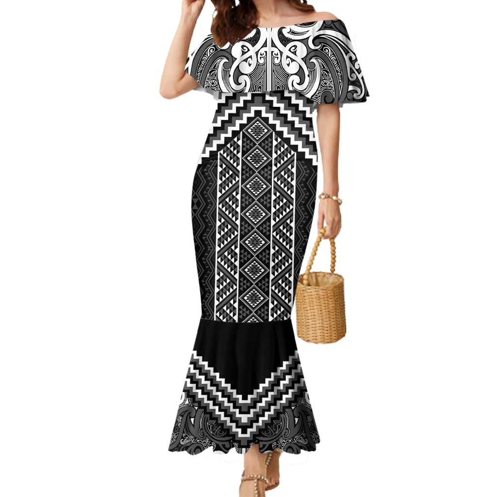 Maori Tukutuku Taniko Motifs Mermaid Dress Black Poutama Mix Kowhaiwhai LT7 Women Black - Polynesian Pride