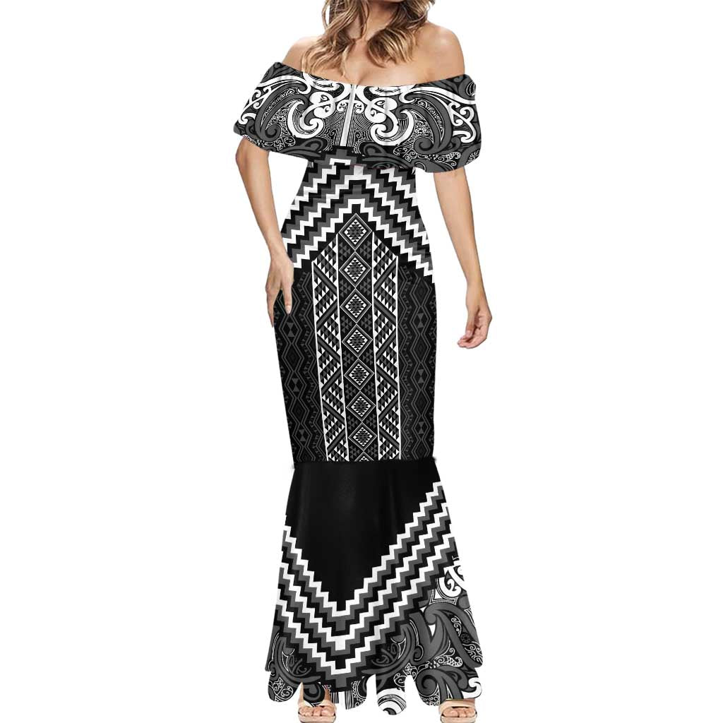 Maori Tukutuku Taniko Motifs Mermaid Dress Black Poutama Mix Kowhaiwhai LT7 - Polynesian Pride