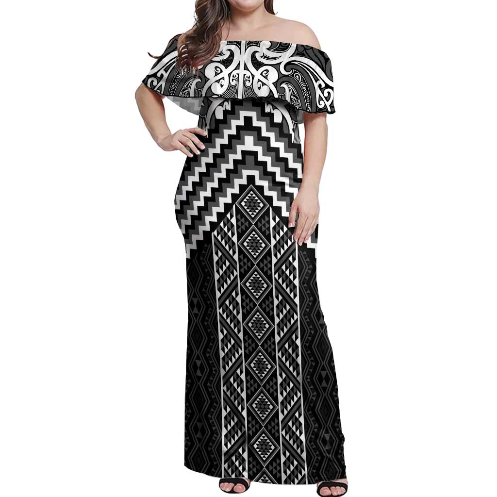 Maori Tukutuku Taniko Motifs Off Shoulder Maxi Dress Black Poutama Mix Kowhaiwhai LT7 Women Black - Polynesian Pride