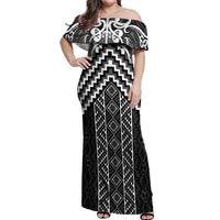 Maori Tukutuku Taniko Motifs Off Shoulder Maxi Dress Black Poutama Mix Kowhaiwhai LT7 Women Black - Polynesian Pride