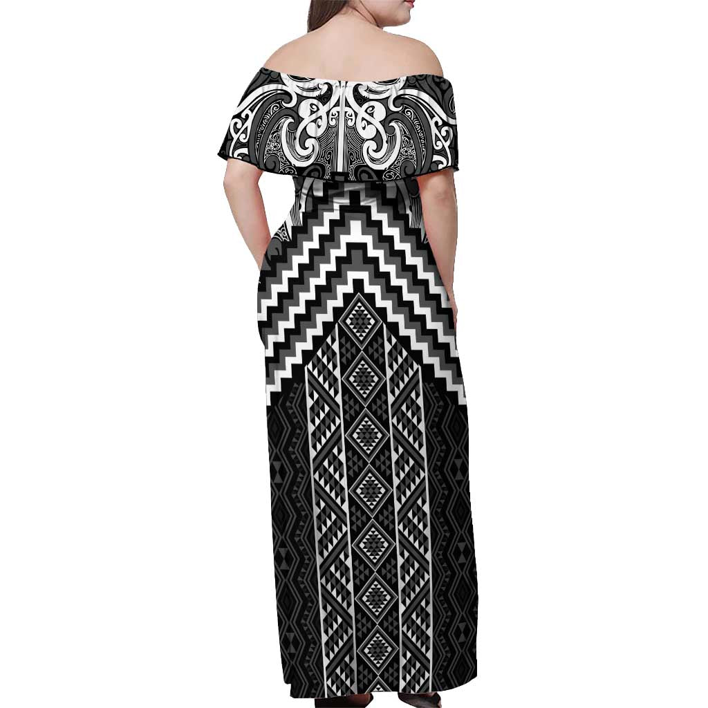 Maori Tukutuku Taniko Motifs Off Shoulder Maxi Dress Black Poutama Mix Kowhaiwhai LT7 - Polynesian Pride