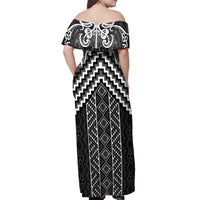 Maori Tukutuku Taniko Motifs Off Shoulder Maxi Dress Black Poutama Mix Kowhaiwhai LT7 - Polynesian Pride