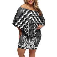 Maori Tukutuku Taniko Motifs Off Shoulder Short Dress Black Poutama Mix Kowhaiwhai LT7 Women Black - Polynesian Pride