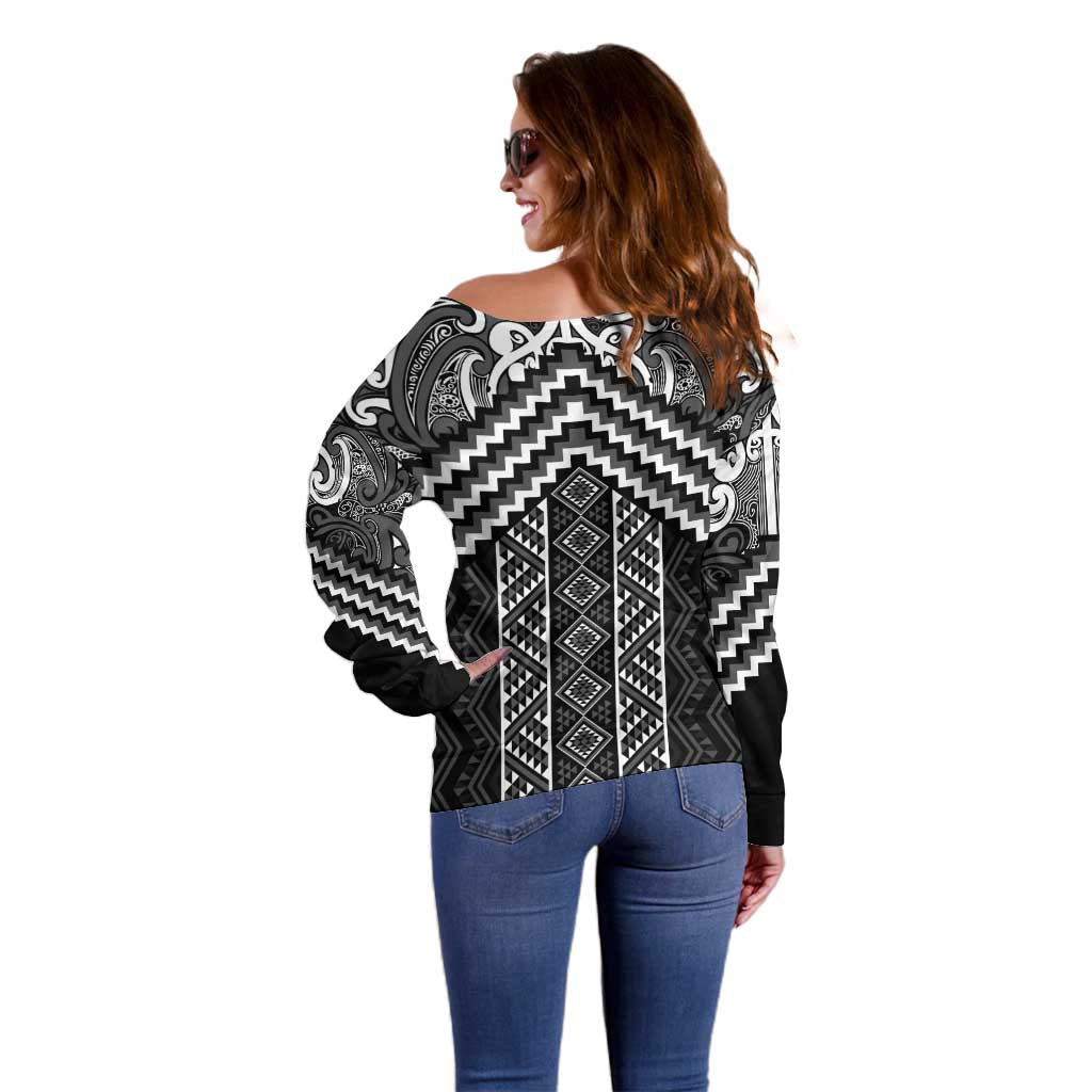Maori Tukutuku Taniko Motifs Off Shoulder Sweater Black Poutama Mix Kowhaiwhai LT7 - Polynesian Pride