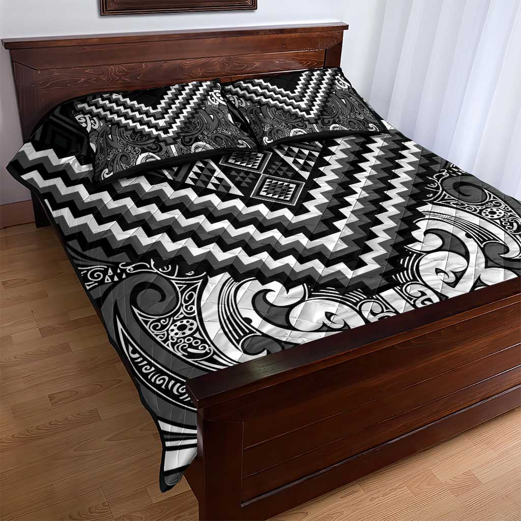 Maori Tukutuku Taniko Motifs Quilt Bed Set Black Poutama Mix Kowhaiwhai LT7 - Polynesian Pride