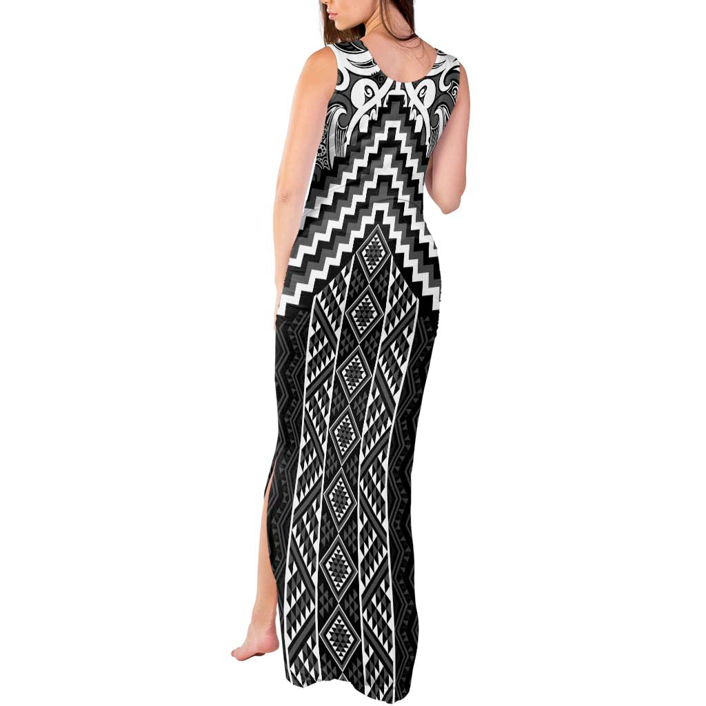Maori Tukutuku Taniko Motifs Tank Maxi Dress Black Poutama Mix Kowhaiwhai LT7 - Polynesian Pride