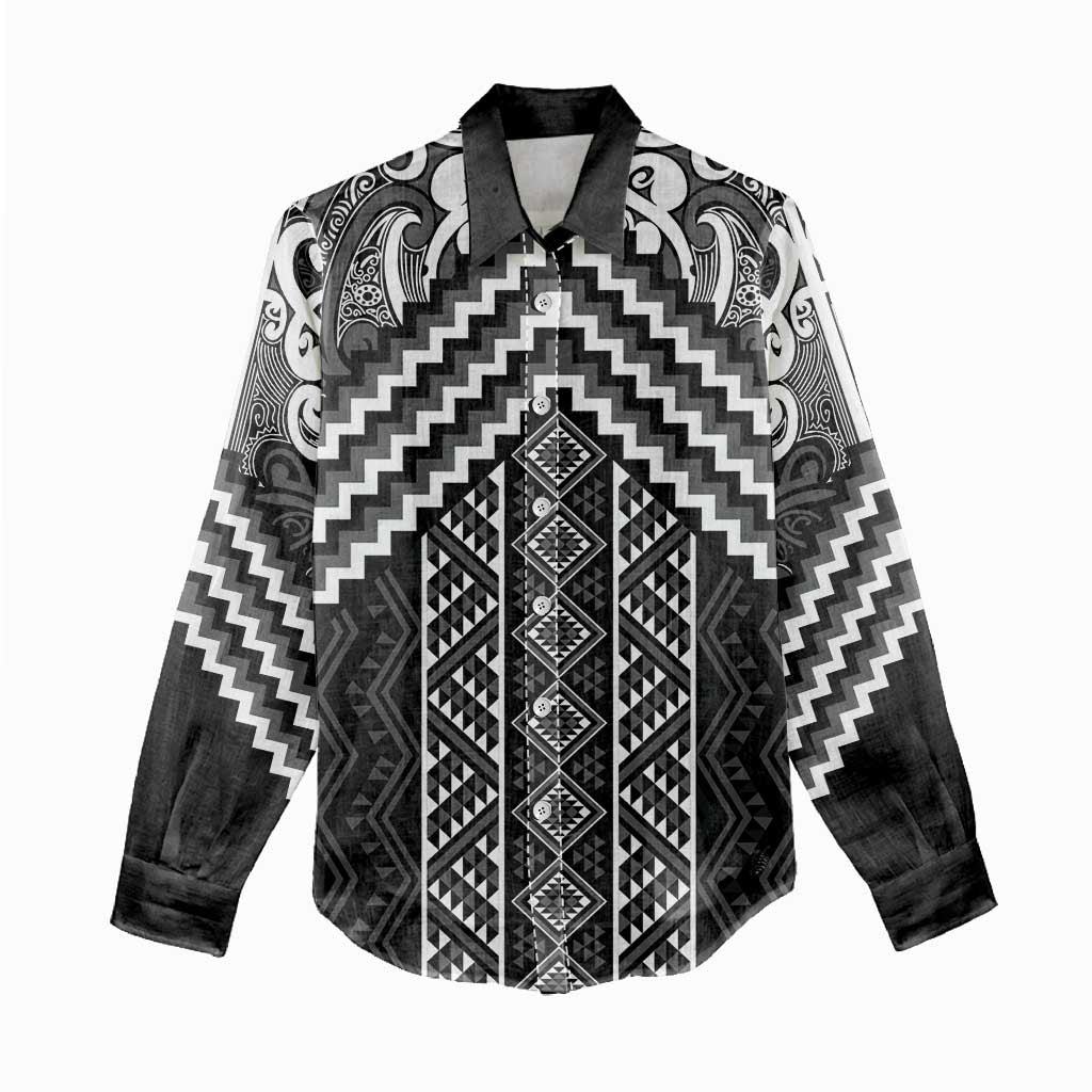 Maori Tukutuku Taniko Motifs Women Casual Shirt Black Poutama Mix Kowhaiwhai LT7 - Polynesian Pride