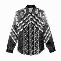 Maori Tukutuku Taniko Motifs Women Casual Shirt Black Poutama Mix Kowhaiwhai LT7 - Polynesian Pride