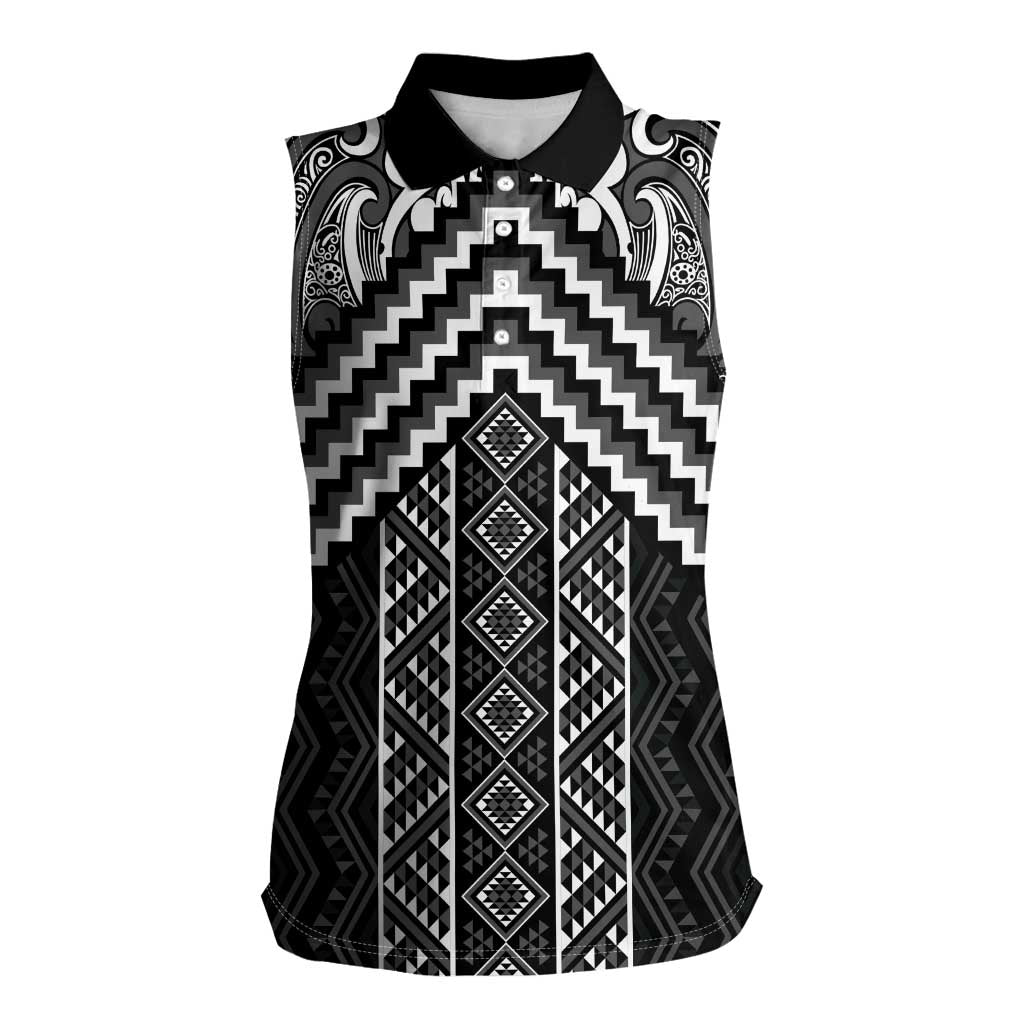 Maori Tukutuku Taniko Motifs Women Sleeveless Polo Shirt Black Poutama Mix Kowhaiwhai LT7 Female Black - Polynesian Pride