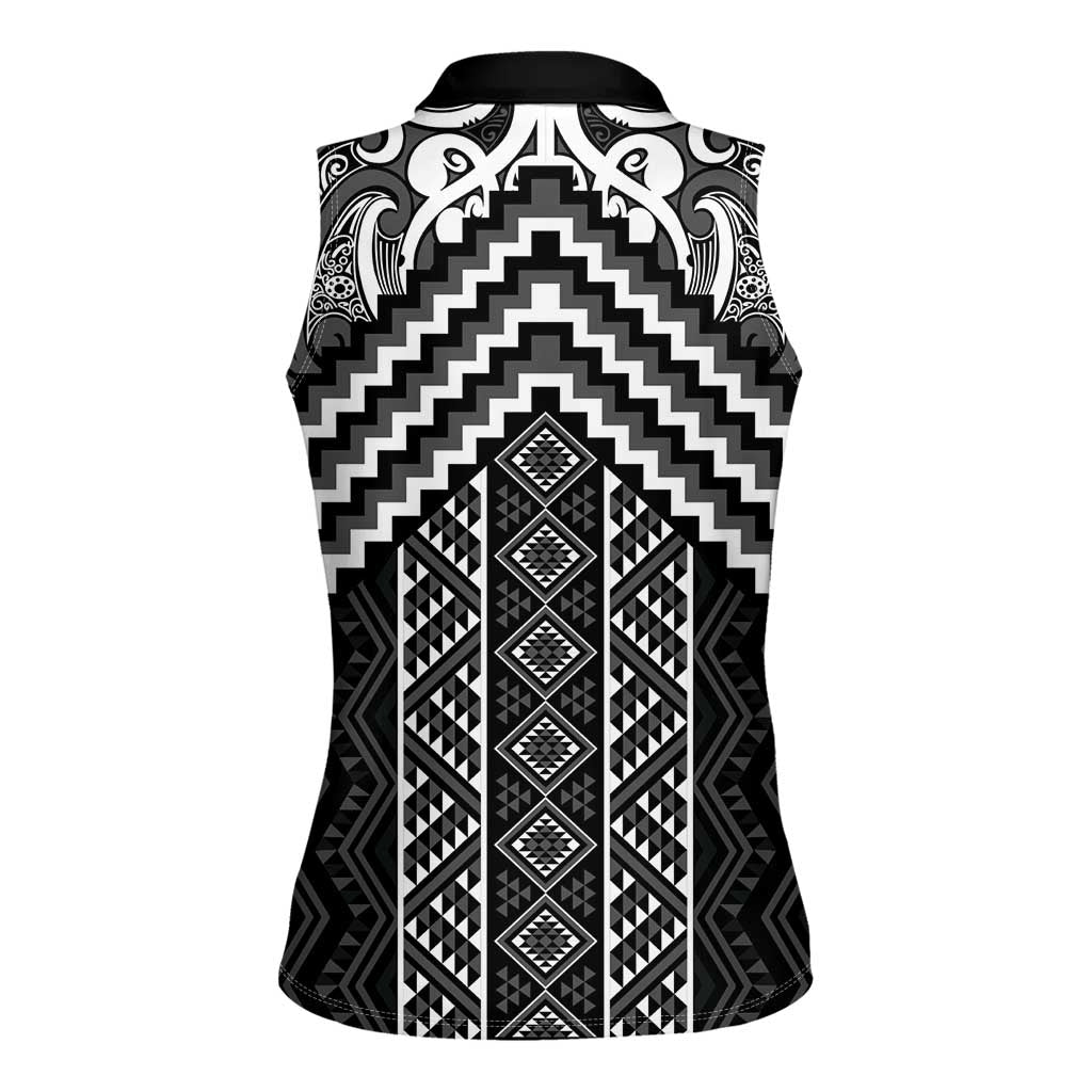 Maori Tukutuku Taniko Motifs Women Sleeveless Polo Shirt Black Poutama Mix Kowhaiwhai LT7 - Polynesian Pride
