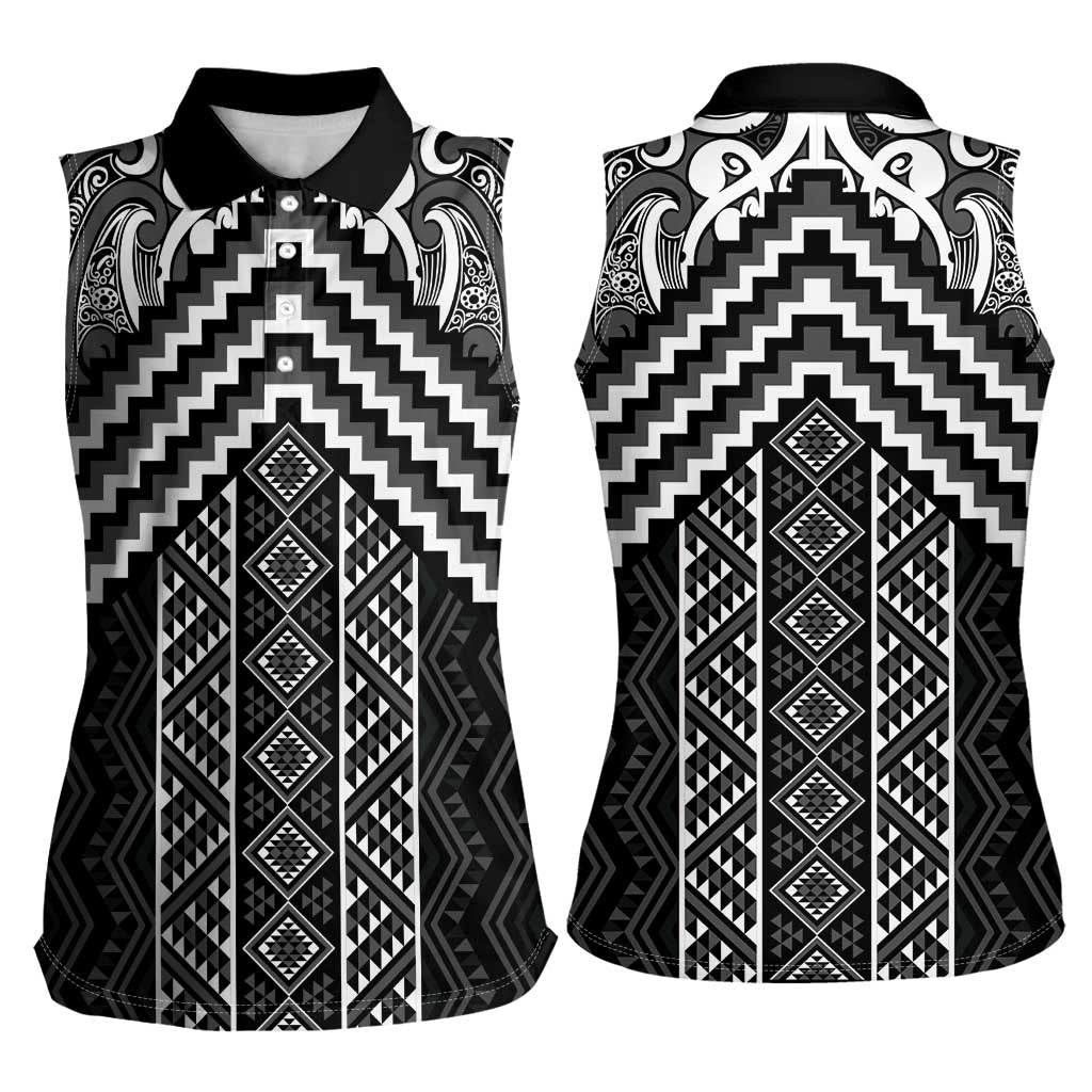 Maori Tukutuku Taniko Motifs Women Sleeveless Polo Shirt Black Poutama Mix Kowhaiwhai LT7 - Polynesian Pride