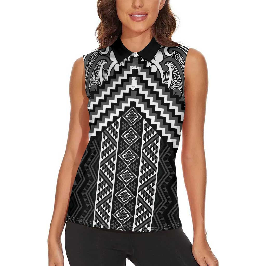 Maori Tukutuku Taniko Motifs Women Sleeveless Polo Shirt Black Poutama Mix Kowhaiwhai LT7 - Polynesian Pride