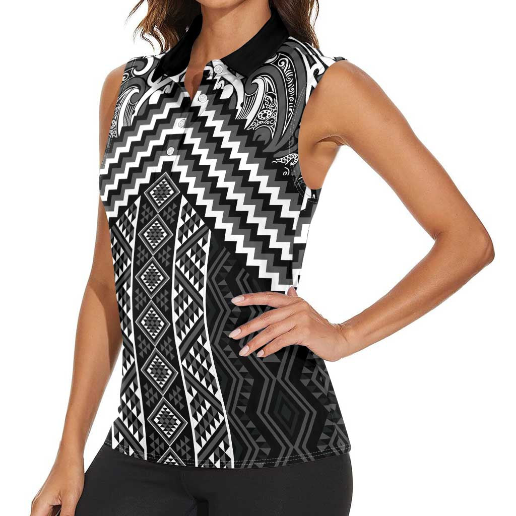 Maori Tukutuku Taniko Motifs Women Sleeveless Polo Shirt Black Poutama Mix Kowhaiwhai LT7 - Polynesian Pride