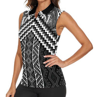 Maori Tukutuku Taniko Motifs Women Sleeveless Polo Shirt Black Poutama Mix Kowhaiwhai LT7 - Polynesian Pride