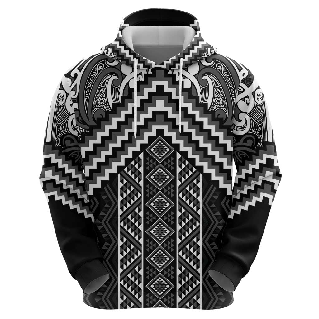 Maori Tukutuku Taniko Motifs Zip Hoodie Black Poutama Mix Kowhaiwhai LT7 - Polynesian Pride