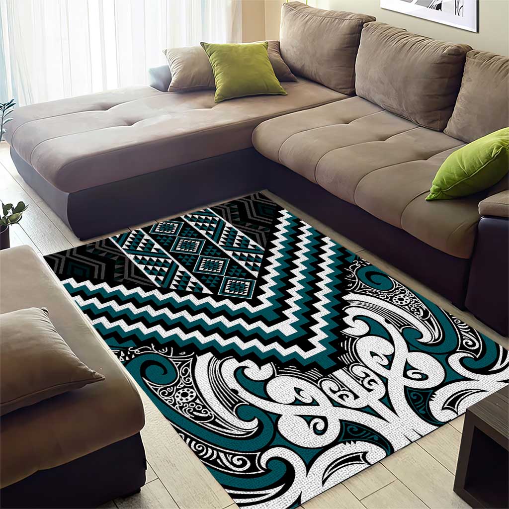 Maori Tukutuku Taniko Motifs Area Rug Teal Poutama Mix Kowhaiwhai LT7 - Polynesian Pride