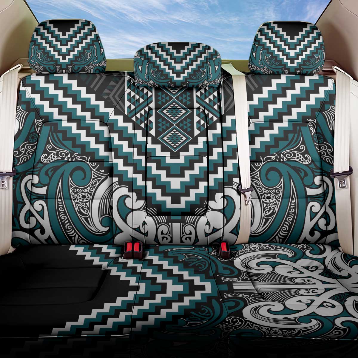 Maori Tukutuku Taniko Motifs Back Car Seat Cover Teal Poutama Mix Kowhaiwhai LT7 One Size Teal - Polynesian Pride