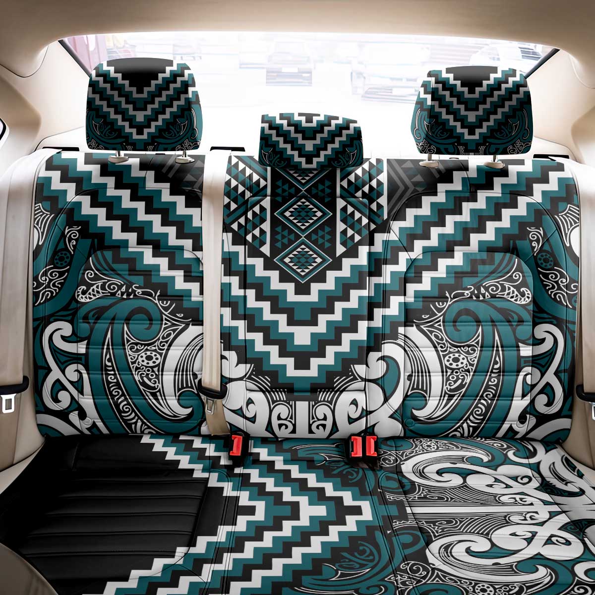 Maori Tukutuku Taniko Motifs Back Car Seat Cover Teal Poutama Mix Kowhaiwhai LT7 - Polynesian Pride