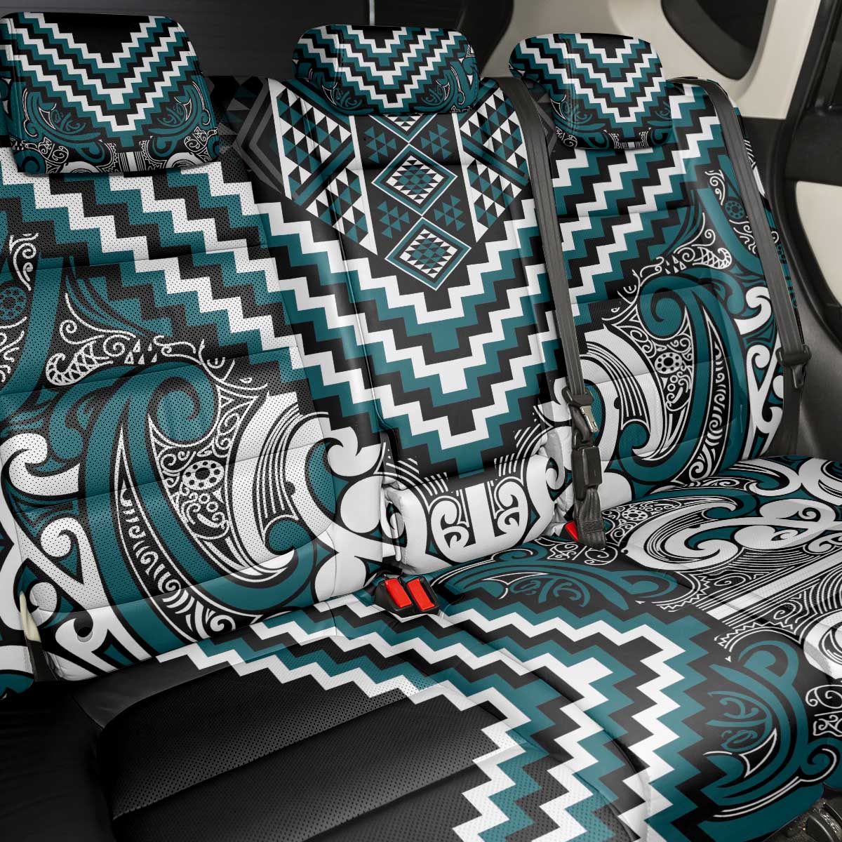 Maori Tukutuku Taniko Motifs Back Car Seat Cover Teal Poutama Mix Kowhaiwhai LT7 - Polynesian Pride