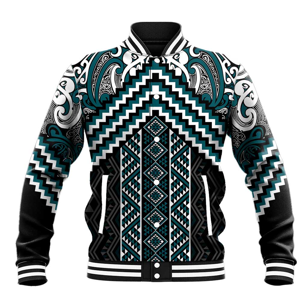 Maori Tukutuku Taniko Motifs Baseball Jacket Teal Poutama Mix Kowhaiwhai