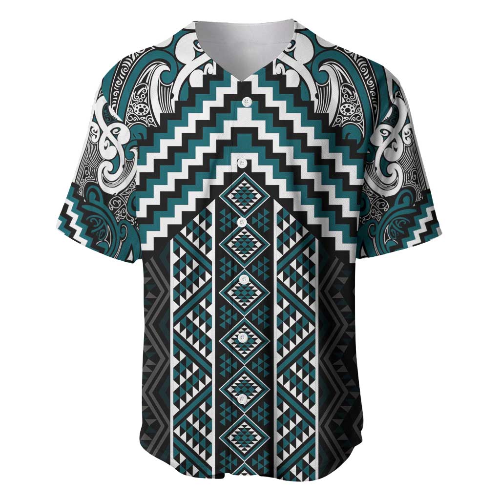 Maori Tukutuku Taniko Motifs Baseball Jersey Teal Poutama Mix Kowhaiwhai LT7 Teal - Polynesian Pride