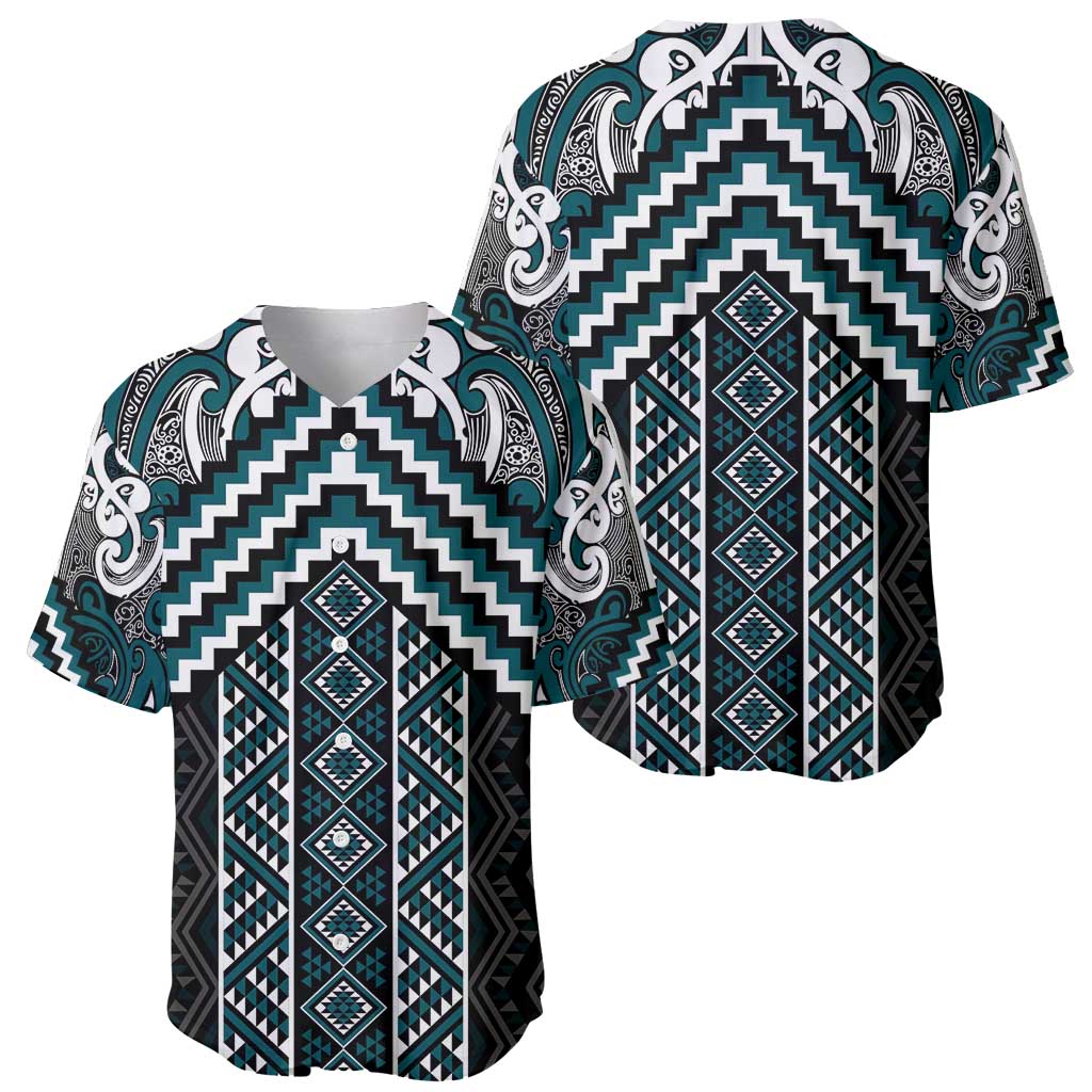 Maori Tukutuku Taniko Motifs Baseball Jersey Teal Poutama Mix Kowhaiwhai LT7 - Polynesian Pride