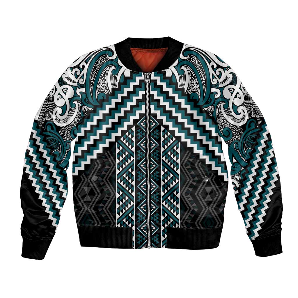 Maori Tukutuku Taniko Motifs Bomber Jacket Teal Poutama Mix Kowhaiwhai LT7 Unisex Teal - Polynesian Pride