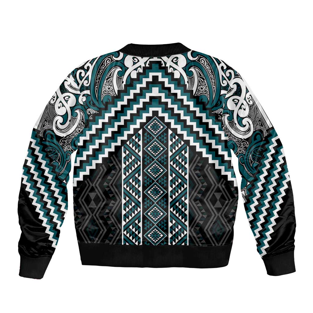 Maori Tukutuku Taniko Motifs Bomber Jacket Teal Poutama Mix Kowhaiwhai LT7 - Polynesian Pride