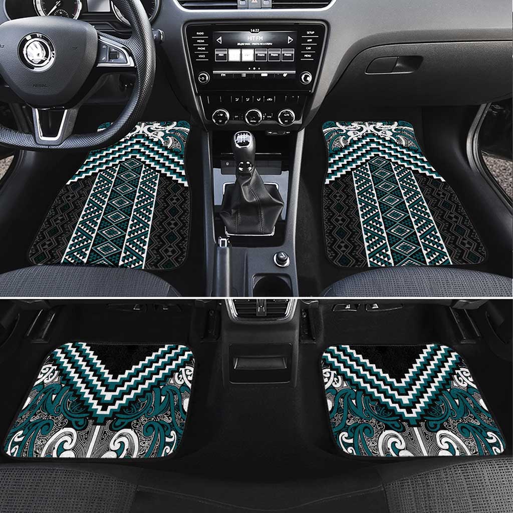 Maori Tukutuku Taniko Motifs Car Mats Teal Poutama Mix Kowhaiwhai LT7 Set 4pcs Teal - Polynesian Pride