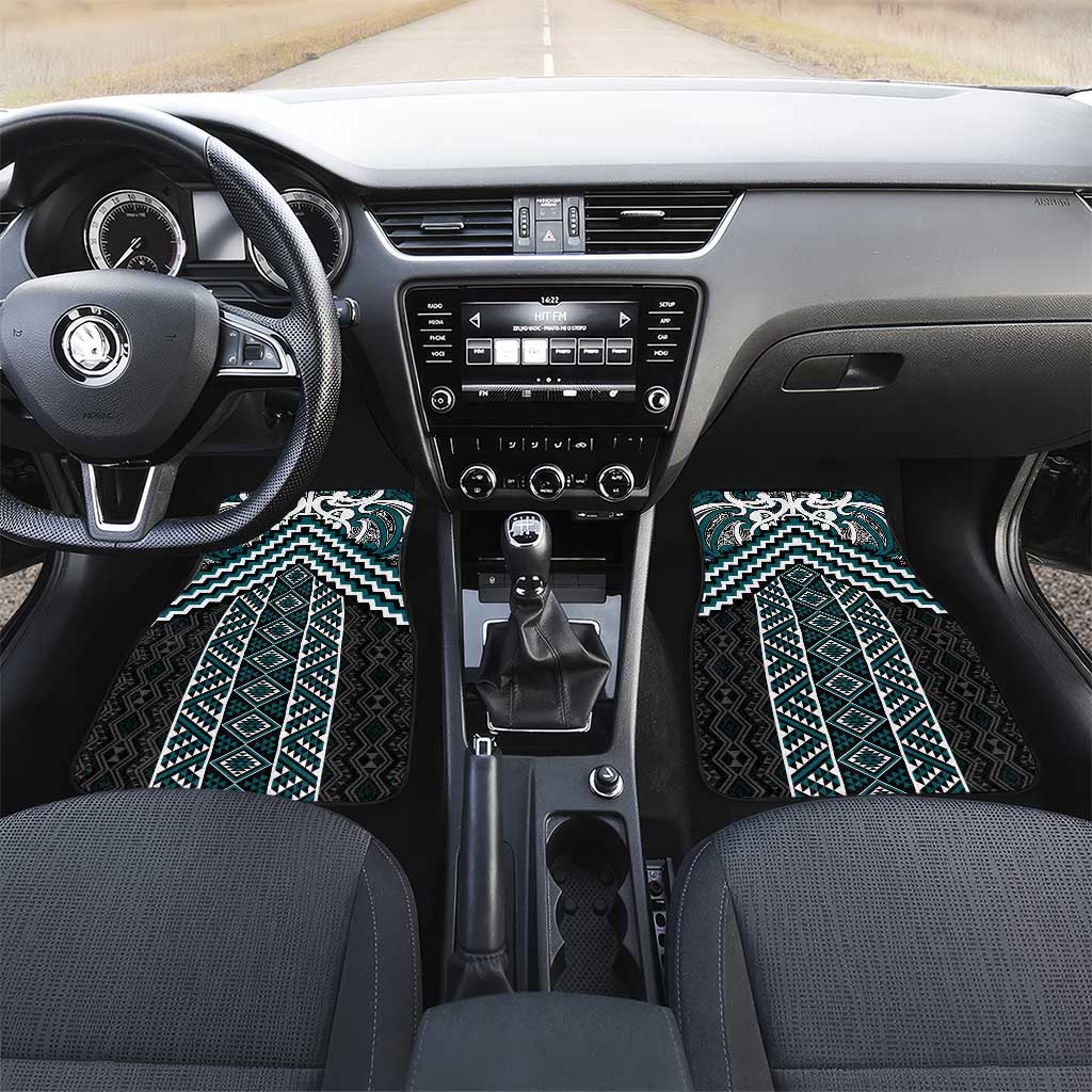 Maori Tukutuku Taniko Motifs Car Mats Teal Poutama Mix Kowhaiwhai LT7 Set 2pcs - Front Teal - Polynesian Pride