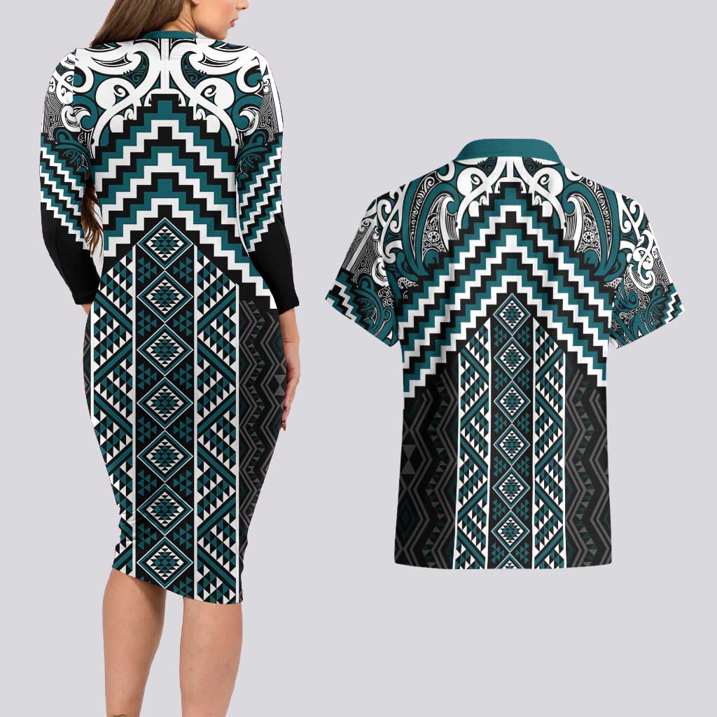 Maori Tukutuku Taniko Motifs Couples Matching Long Sleeve Bodycon Dress and Hawaiian Shirt Teal Poutama Mix Kowhaiwhai LT7 - Polynesian Pride