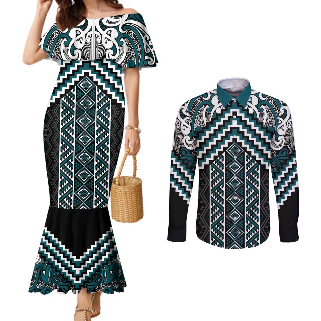 Maori Tukutuku Taniko Motifs Couples Matching Mermaid Dress and Long Sleeve Button Shirt Teal Poutama Mix Kowhaiwhai LT7 Teal - Polynesian Pride