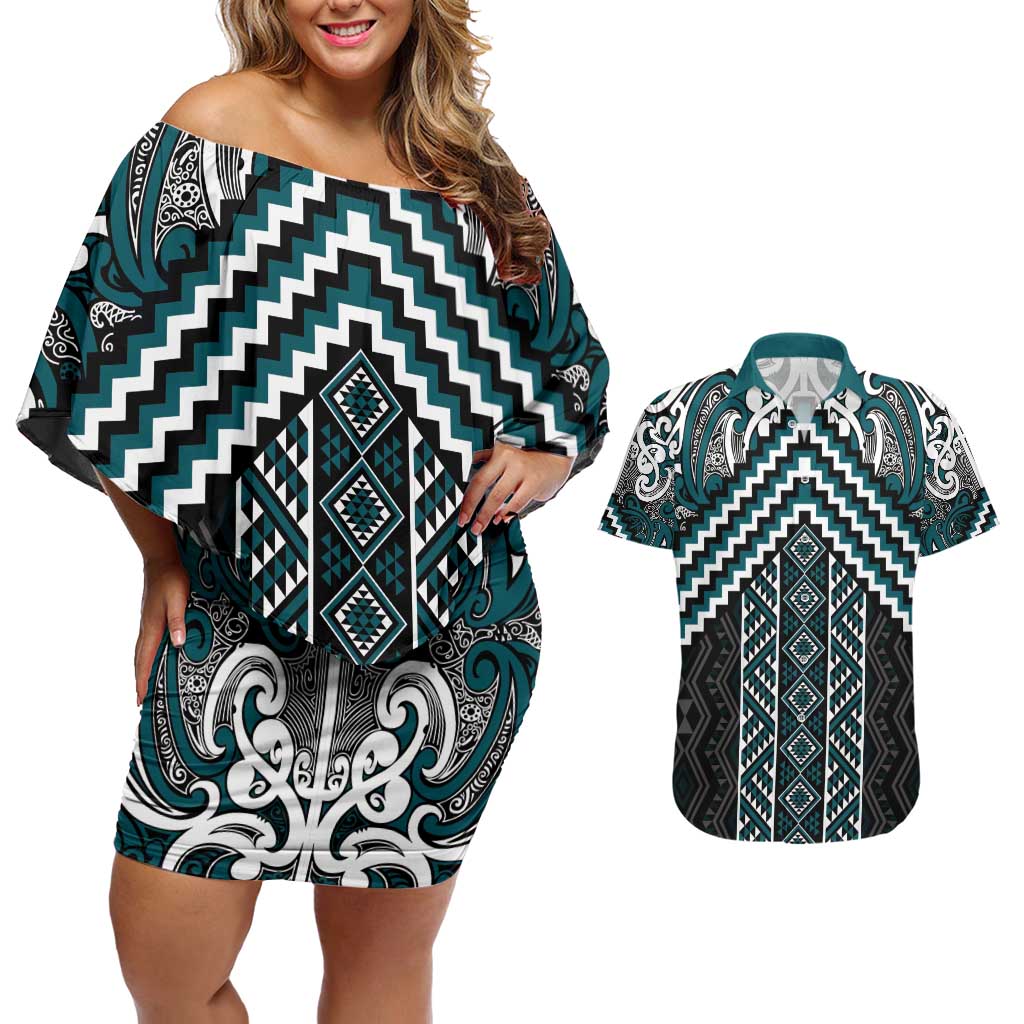 Maori Tukutuku Taniko Motifs Couples Matching Off Shoulder Short Dress and Hawaiian Shirt Teal Poutama Mix Kowhaiwhai LT7 Teal - Polynesian Pride