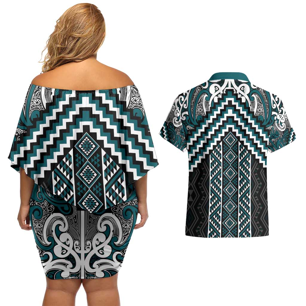 Maori Tukutuku Taniko Motifs Couples Matching Off Shoulder Short Dress and Hawaiian Shirt Teal Poutama Mix Kowhaiwhai LT7 - Polynesian Pride