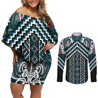 Maori Tukutuku Taniko Motifs Couples Matching Off Shoulder Short Dress and Long Sleeve Button Shirt Teal Poutama Mix Kowhaiwhai LT7 Teal - Polynesian Pride