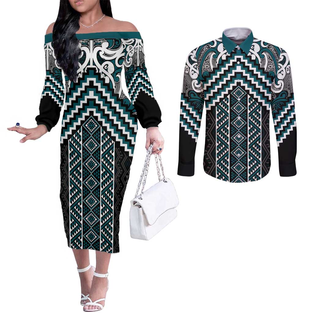 Maori Tukutuku Taniko Motifs Couples Matching Off The Shoulder Long Sleeve Dress and Long Sleeve Button Shirt Teal Poutama Mix Kowhaiwhai