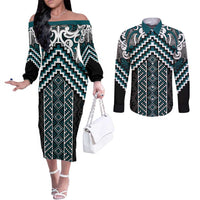 Maori Tukutuku Taniko Motifs Couples Matching Off The Shoulder Long Sleeve Dress and Long Sleeve Button Shirt Teal Poutama Mix Kowhaiwhai LT7 Teal - Polynesian Pride