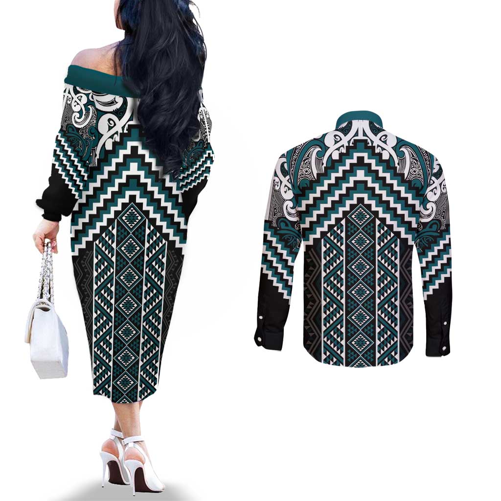 Maori Tukutuku Taniko Motifs Couples Matching Off The Shoulder Long Sleeve Dress and Long Sleeve Button Shirt Teal Poutama Mix Kowhaiwhai LT7 - Polynesian Pride