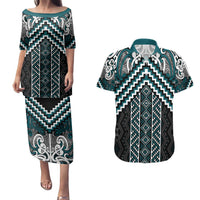 Maori Tukutuku Taniko Motifs Couples Matching Puletasi and Hawaiian Shirt Teal Poutama Mix Kowhaiwhai LT7 Teal - Polynesian Pride