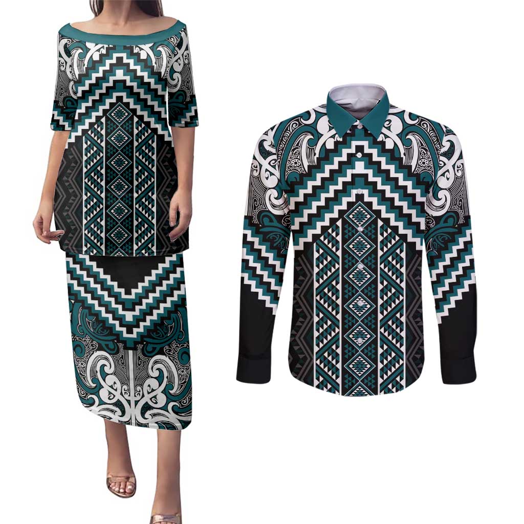 Maori Tukutuku Taniko Motifs Couples Matching Puletasi and Long Sleeve Button Shirt Teal Poutama Mix Kowhaiwhai LT7 Teal - Polynesian Pride